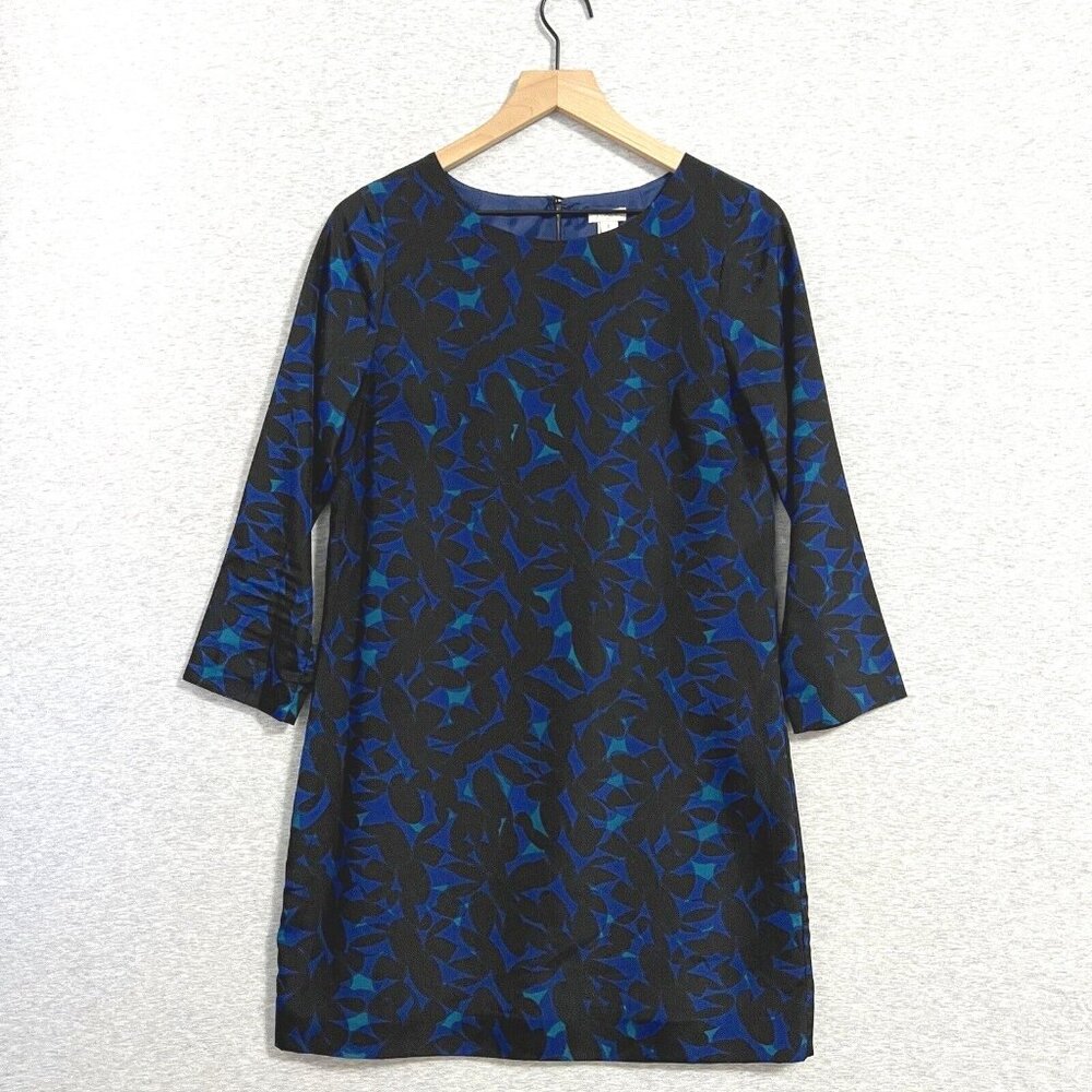 J Crew Dress Womens 4 Blue Black Abstract Shift Dress Long Sleeve Lined